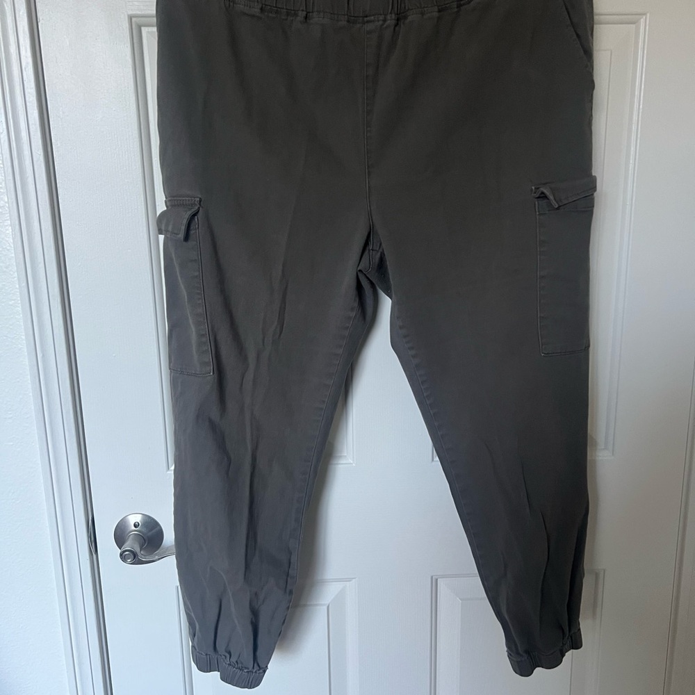 Women’s Drawstring Cargo Joggers Lagenlook Hunter Olive Green Pants Size 2X‎